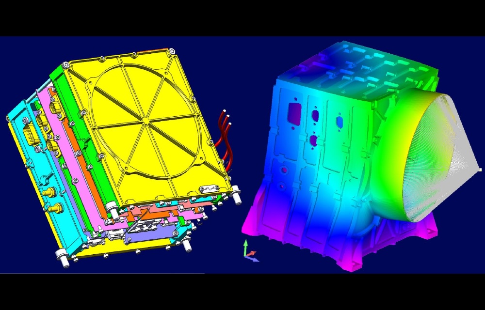 Two panels side by side: a colour-coded CAD model of the PICAM electronics box, and a finite-element analysis of the same structure shown as a colour field.
