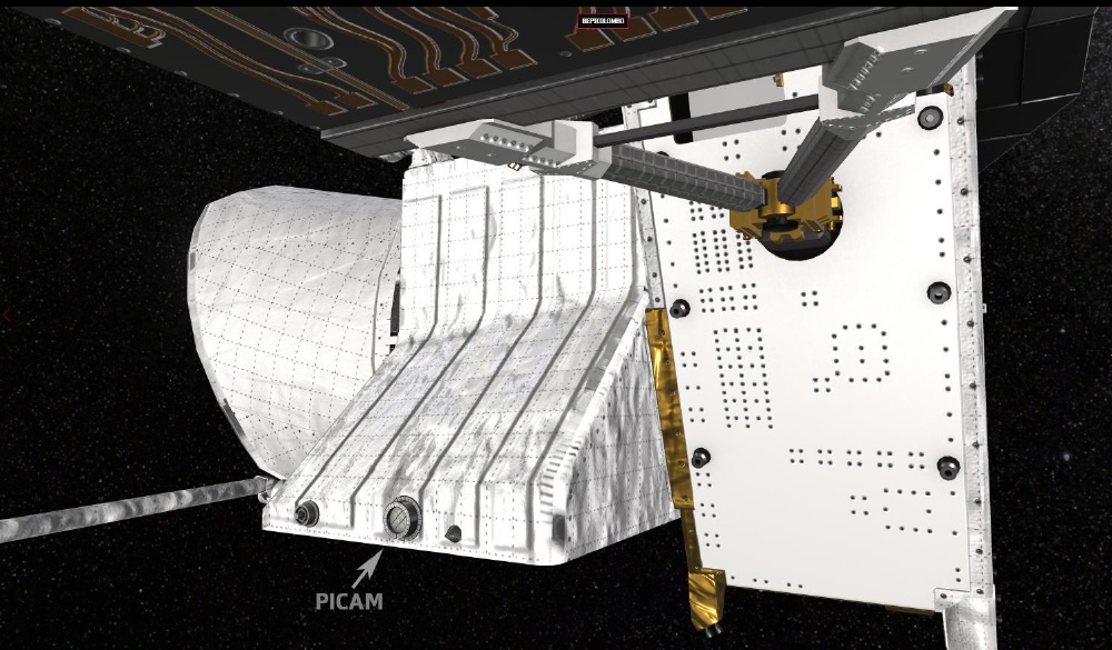 Render of the PICAM sensor with white thermal insulation and an open aperture mounted beneath the Mercury Planetary Orbiter's instrument deck.