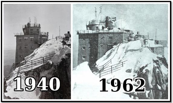 Two historical black and white photographs of buildings on a snow-covered mountain summit, dated 1940 and 1962.